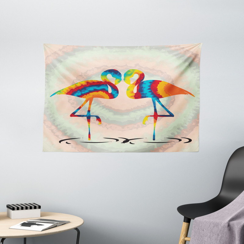 Valentines Funky Birds Wide Tapestry