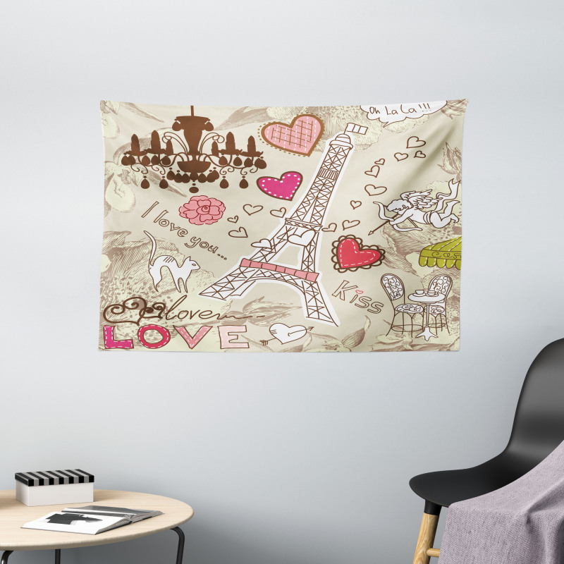 Doodle Eiffel Tower Love Wide Tapestry