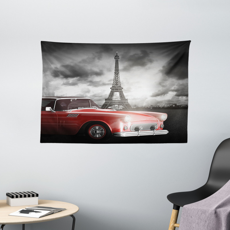 Vintage Car and Eiffel Wide Tapestry