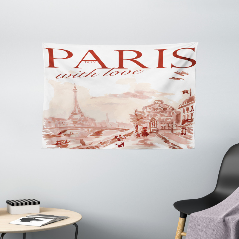 Vintage Watercolor Paris Wide Tapestry