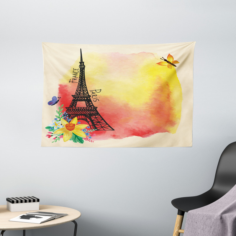 Romantic Floral Eiffel Wide Tapestry