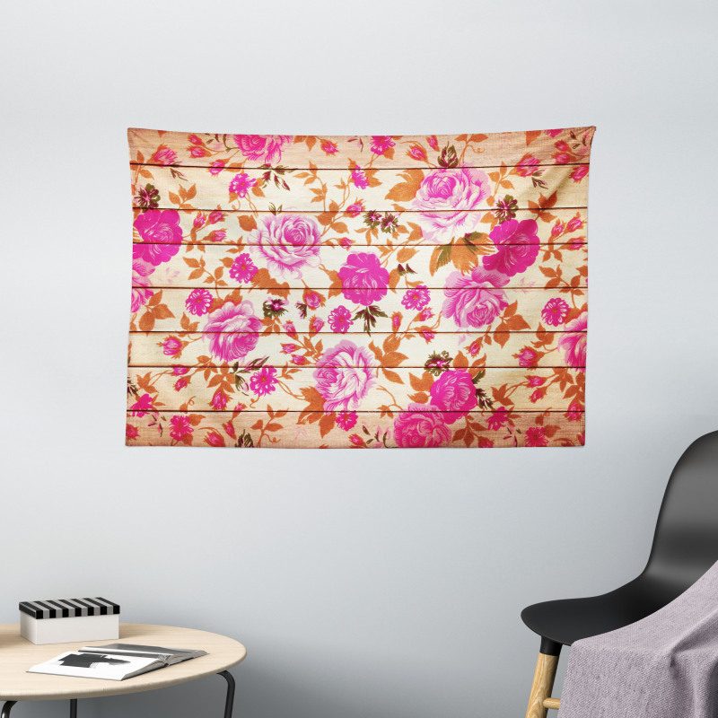 Roses on Wood Backdrop Wide Tapestry