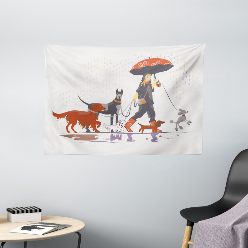 Girl with Dogs in Rain Wide Tapestry