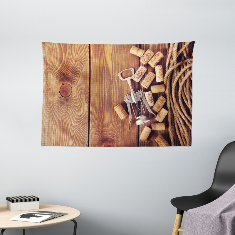 Wooden Table Wine Corks Wide Tapestry