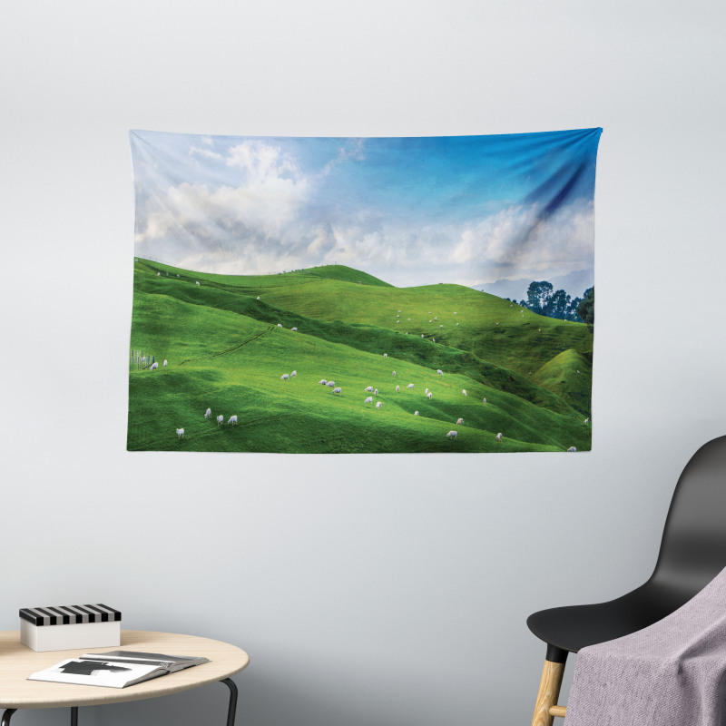 Sheep and Blue Sky Wide Tapestry