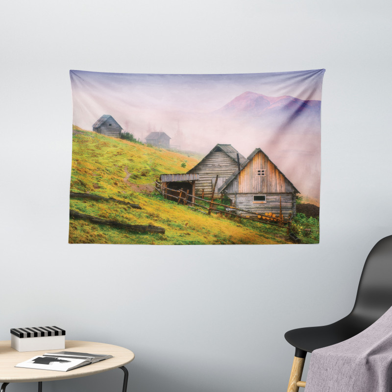 Wooden Houses Mountain Wide Tapestry