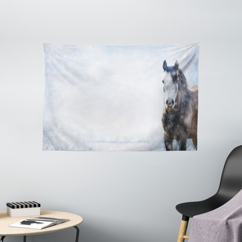 Grey Horse Snow Scenery Wide Tapestry
