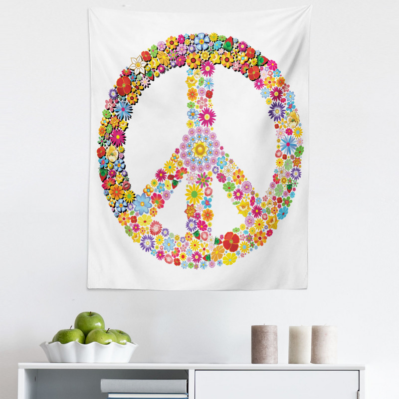Çiçekli Mikrofiber Duvar Halısı Hippi Barış Sembolü Çiçek Desenli