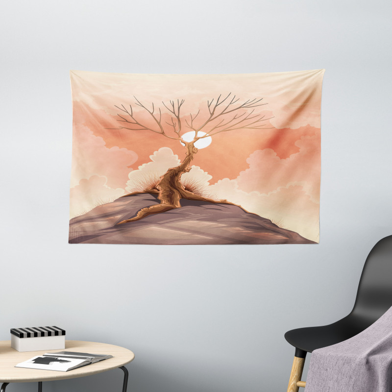 Lonely Tree on Cliff Wide Tapestry