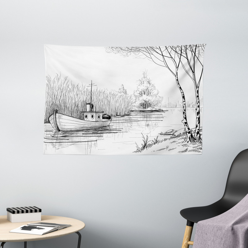 Black White Boat River Wide Tapestry