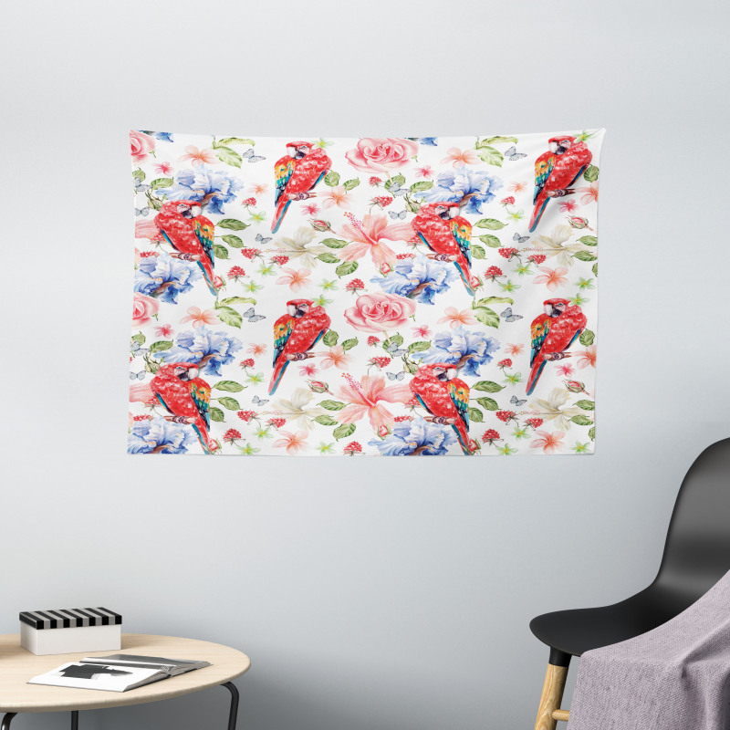 Parrots Iris and Roses Wide Tapestry
