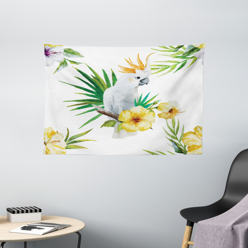 Hibiscus with Wild Birds Wide Tapestry