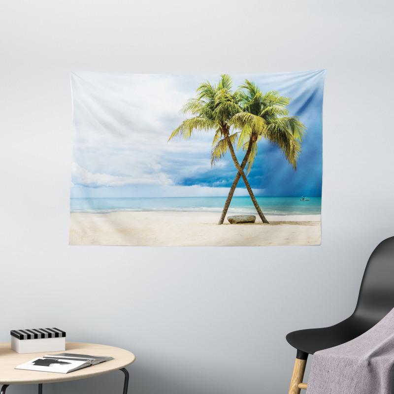 Beach Palm Trees Rock Wide Tapestry