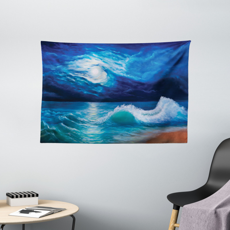 Moonlight over Wavy Sea Wide Tapestry