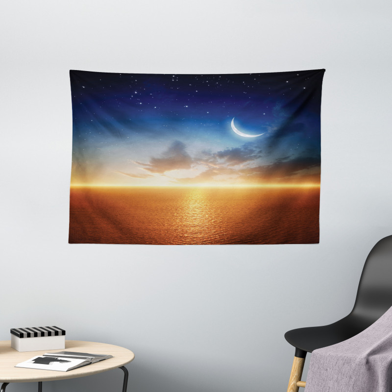 Sunset Sky Moon Stars Wide Tapestry