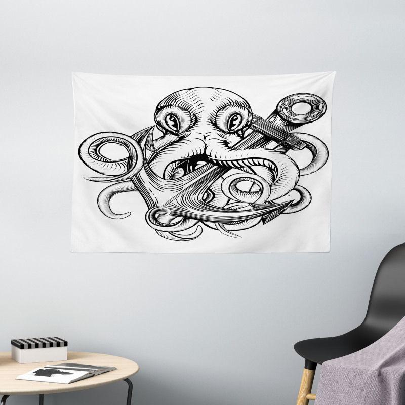 Octopus Ship Sketch Wide Tapestry