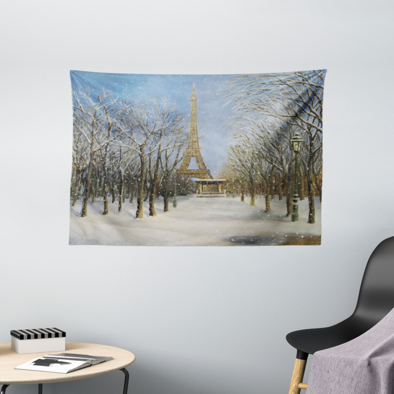 Snowy Paris City View Wide Tapestry