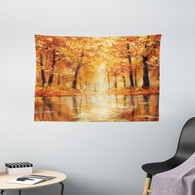 Forest Lake Fall Trees Wide Tapestry