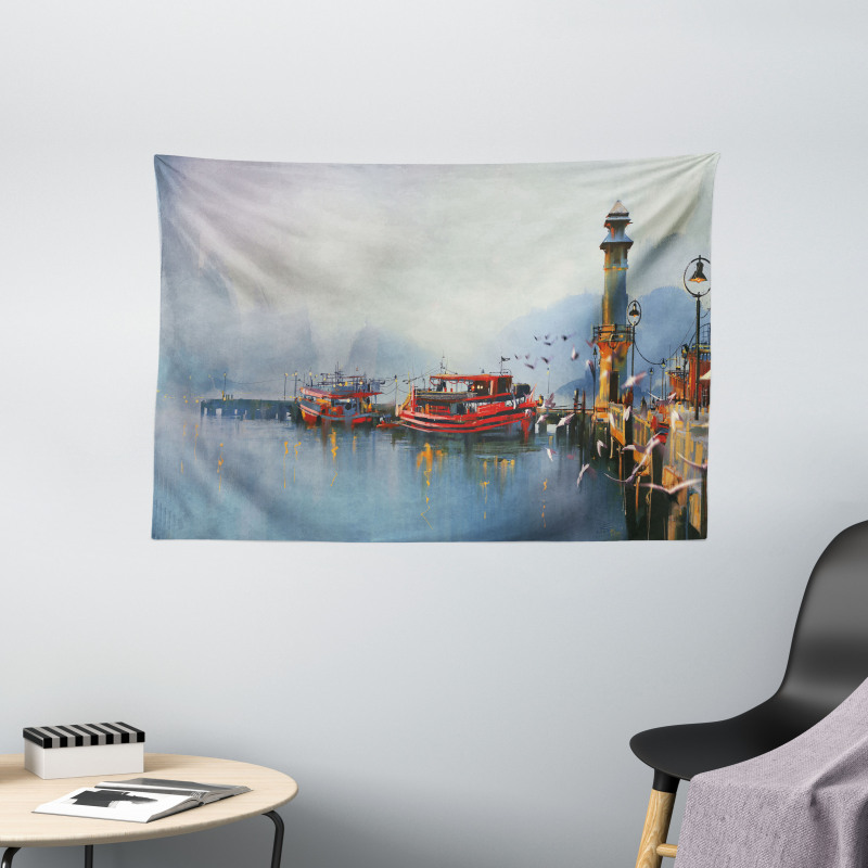 Harbor Boats and Birds Wide Tapestry