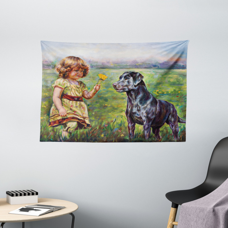 Flower Dog with a Girl Wide Tapestry