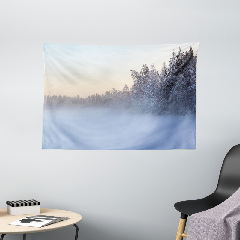 Frozen Lake in Woods Wide Tapestry