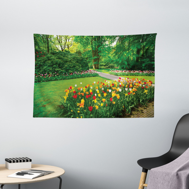Garden with Tulips Trees Wide Tapestry