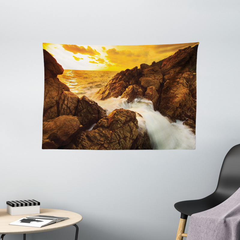Wild Sunset and Waves Wide Tapestry