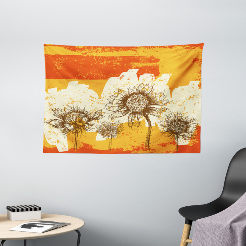 Abstract Drawing Flowers Wide Tapestry