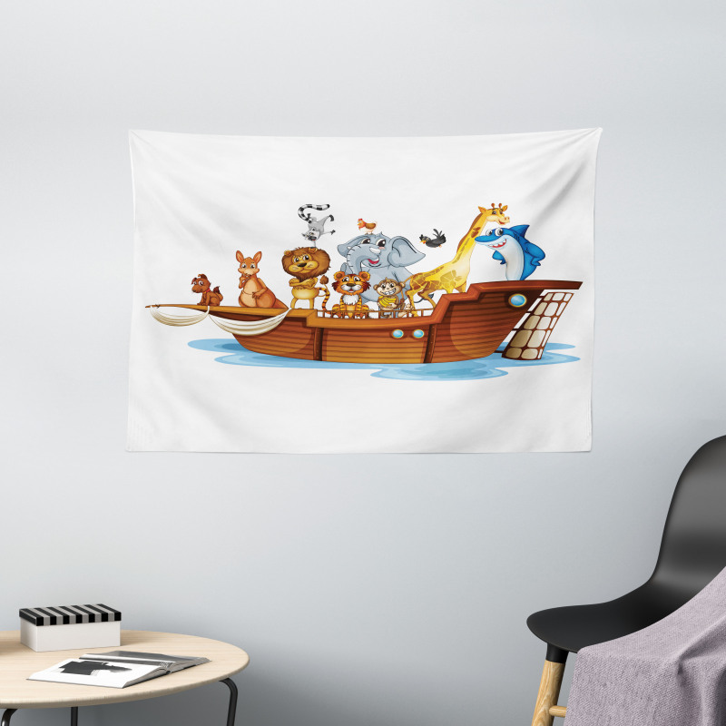 Animals on Mystic Boat Wide Tapestry