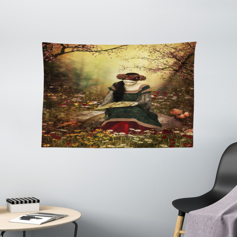 Lady with Book Wide Tapestry