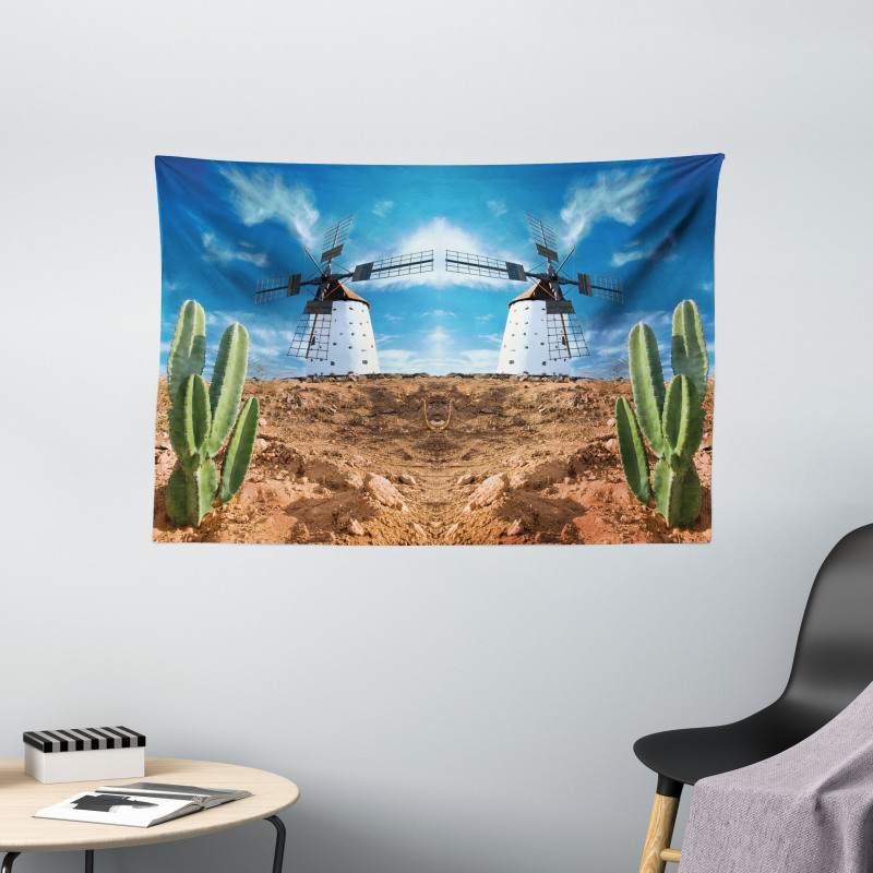 Windmill and Exotic Cactus Wide Tapestry