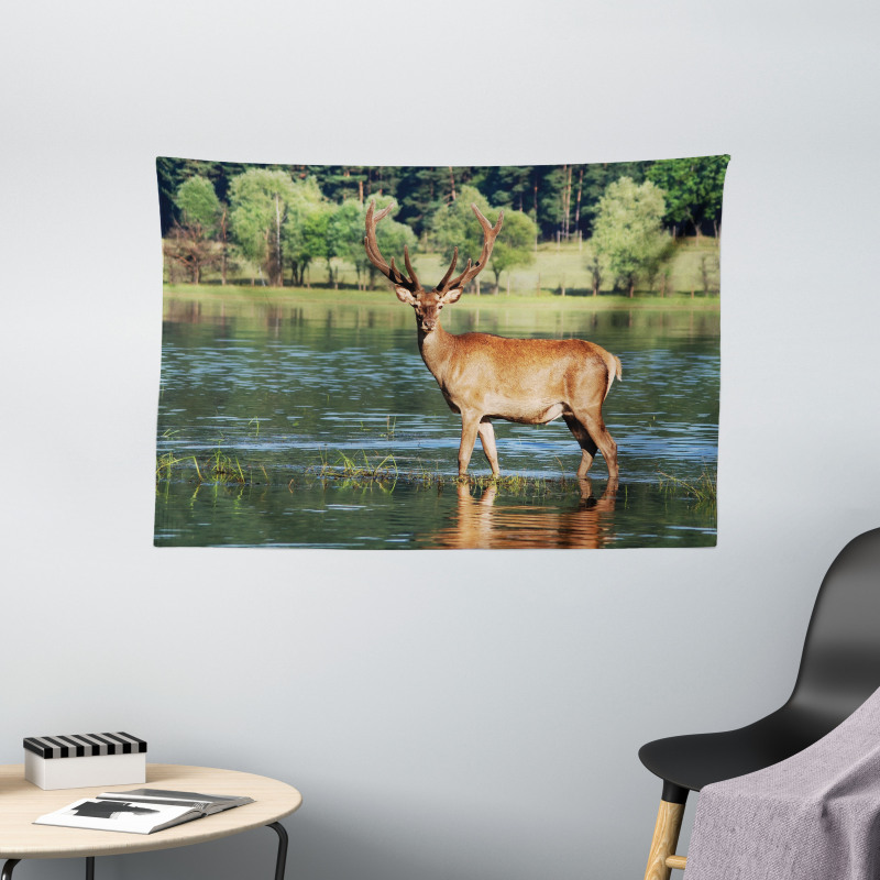 Mountain Animal in Water Wide Tapestry