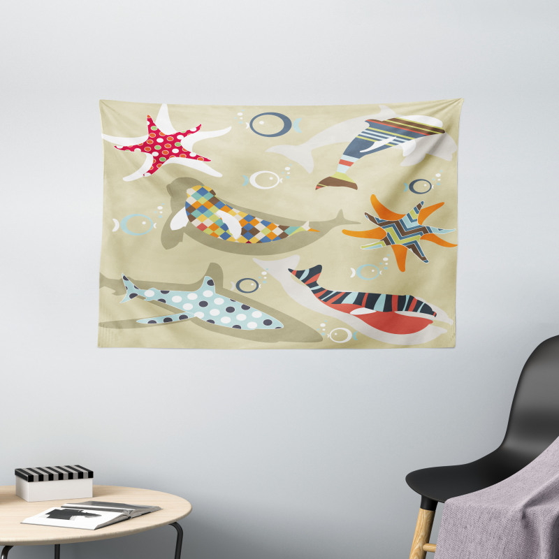 Starfish Dolphin Seal Bubble Wide Tapestry