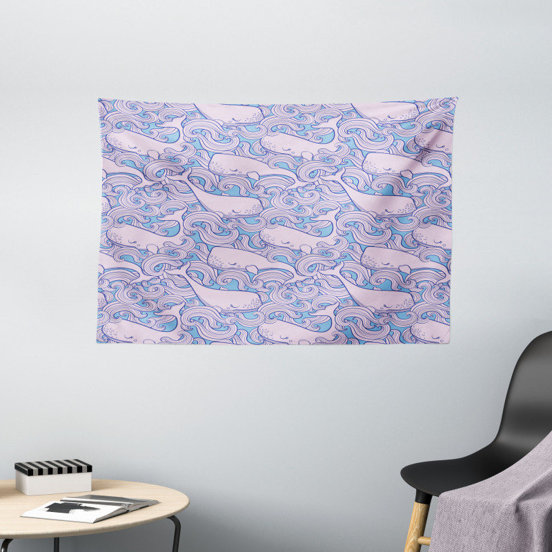Wavy Motifs and Happy Fish Wide Tapestry