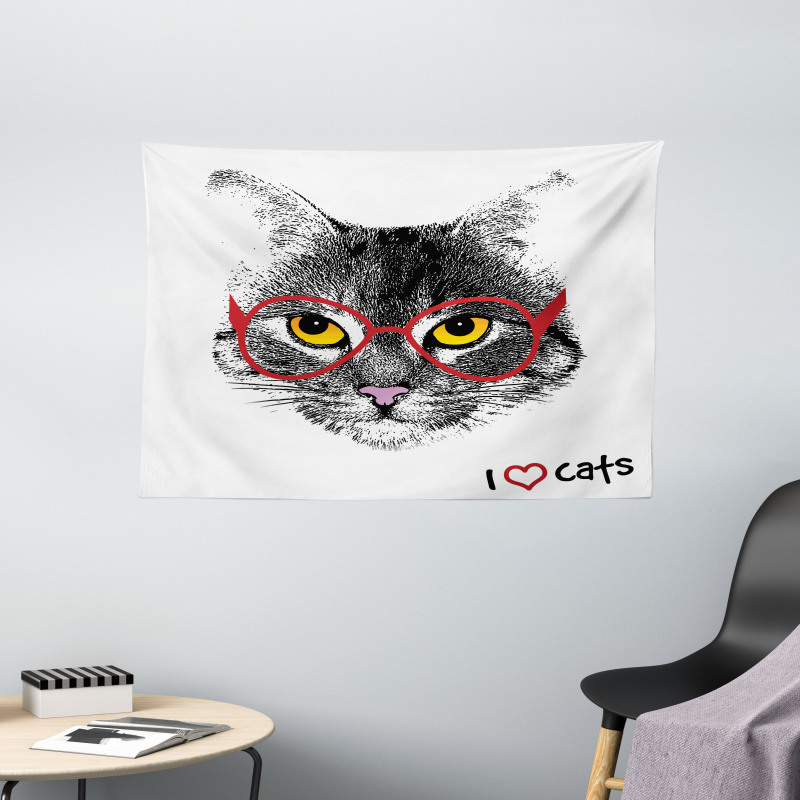 Nerd Cat with Glasses Wide Tapestry