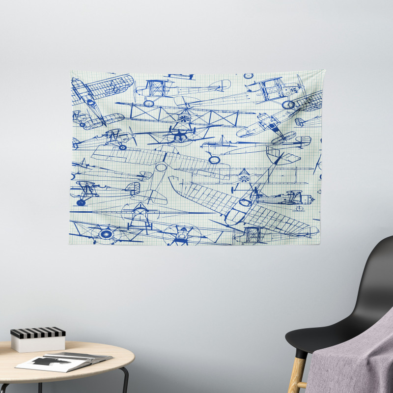 Old Airplane Drawing Wide Tapestry