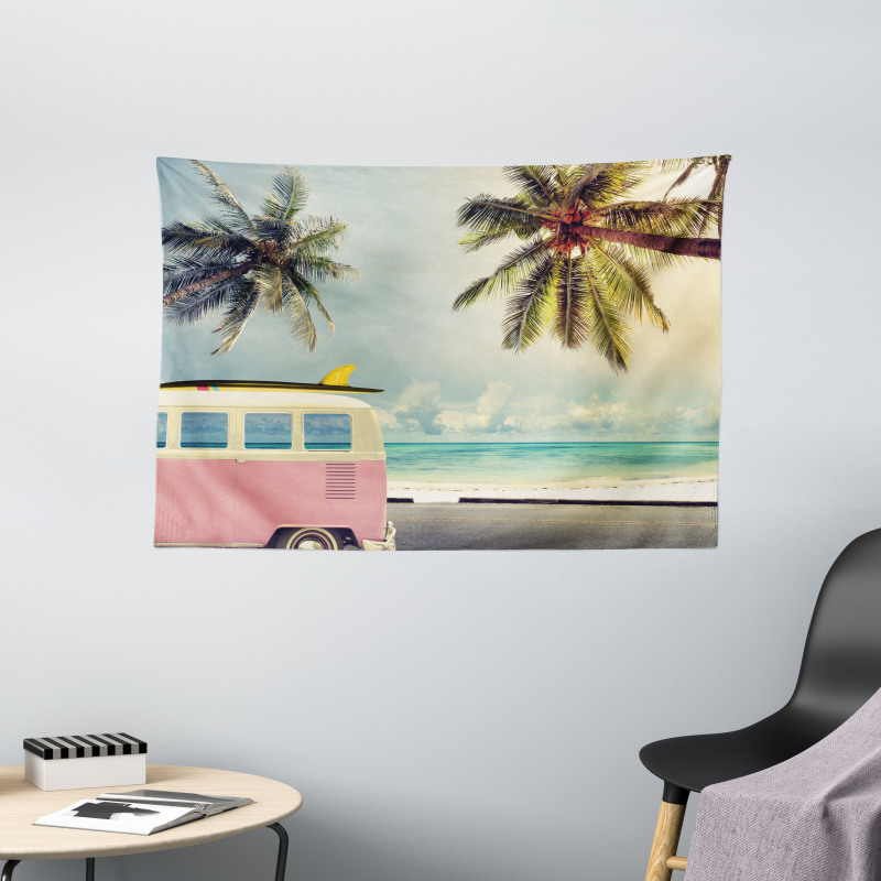 Retro Minivan on Beach Wide Tapestry