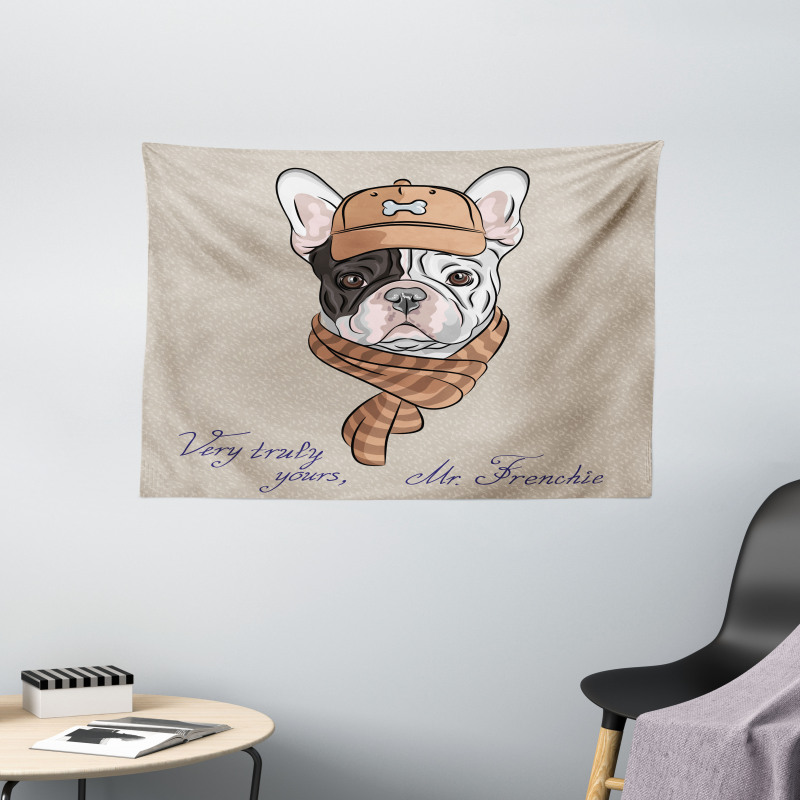 Hipster Bulldog with Cap Scarf Wide Tapestry