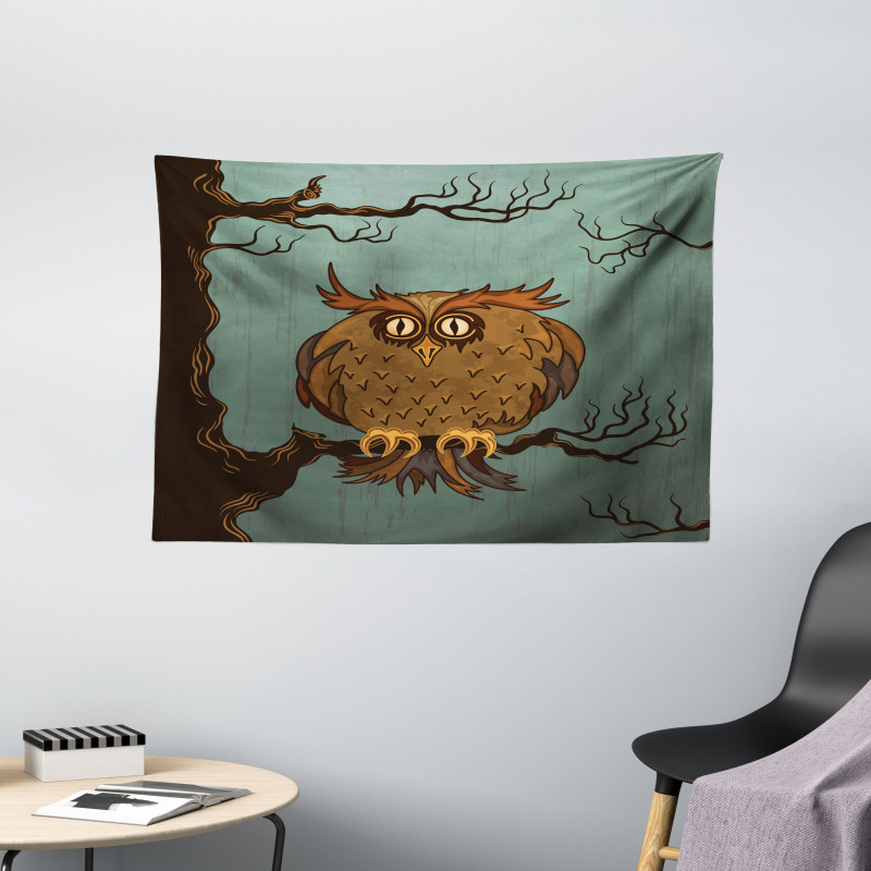 Tired Owl on Oak Tree Wide Tapestry
