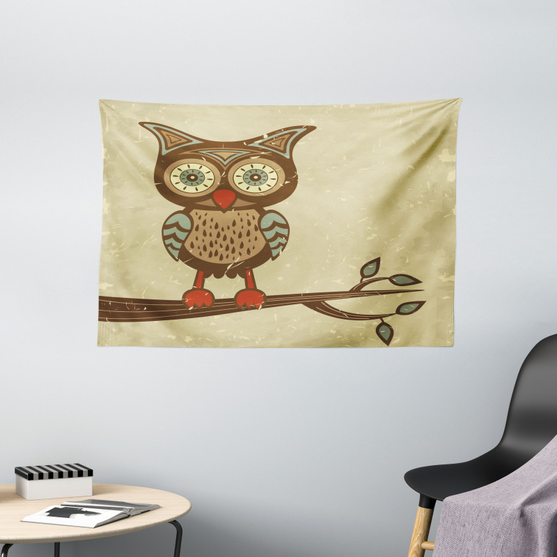 Owl Sitting on Branch Wide Tapestry
