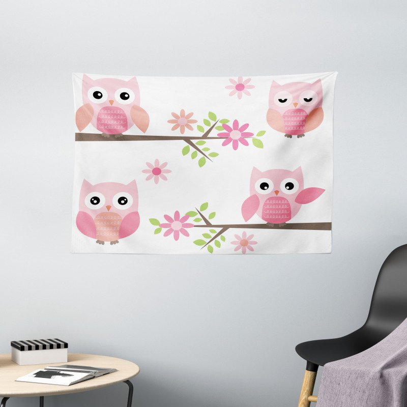 Spring Floral Baby Owls Wide Tapestry