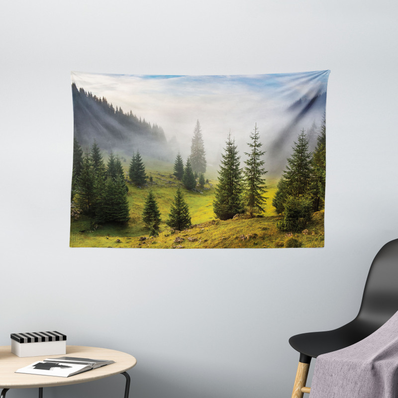 Green Trees on Meadow Wide Tapestry