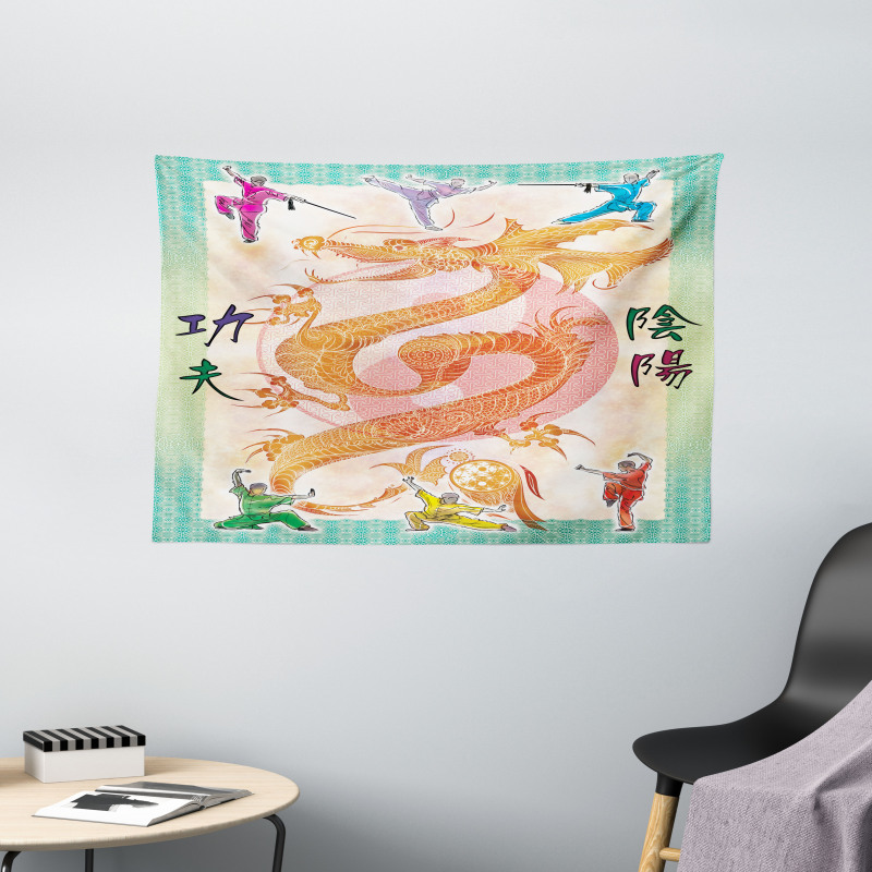 Colorful Dragon and Samurais Wide Tapestry