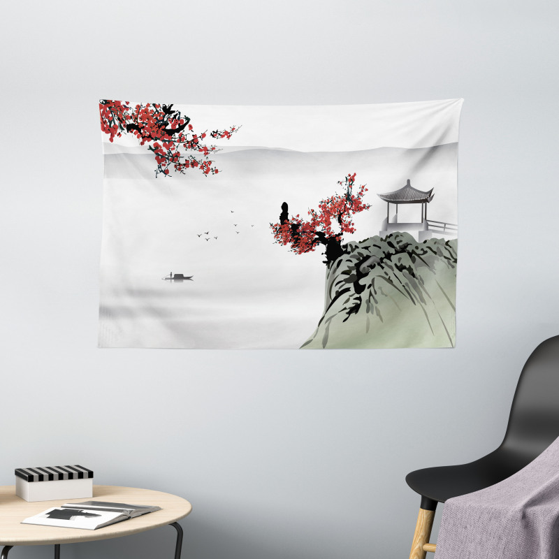 Cherry Blossoms and Boat Wide Tapestry