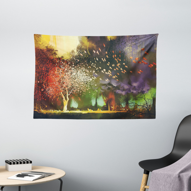 Mysterious Trees Birds Wide Tapestry