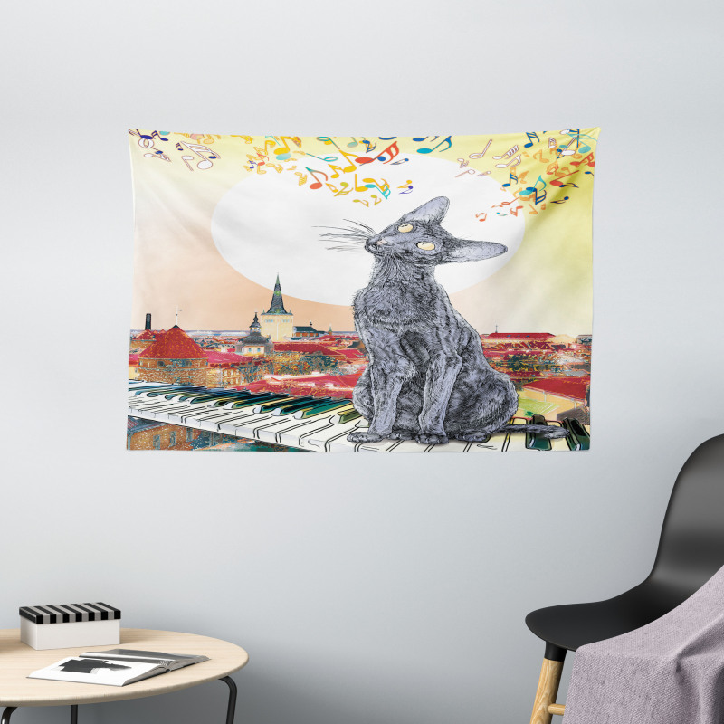 City Skyline Kitty Piano Wide Tapestry