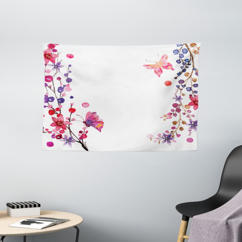 Floral Art and Butterfly Wide Tapestry