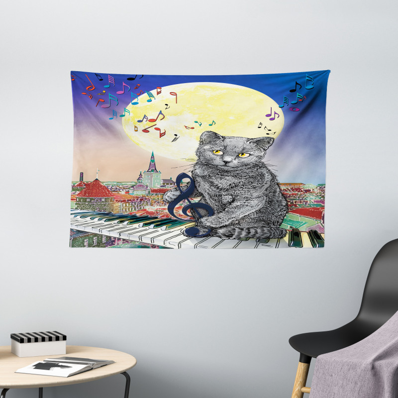 Musical Notes Cat Wide Tapestry