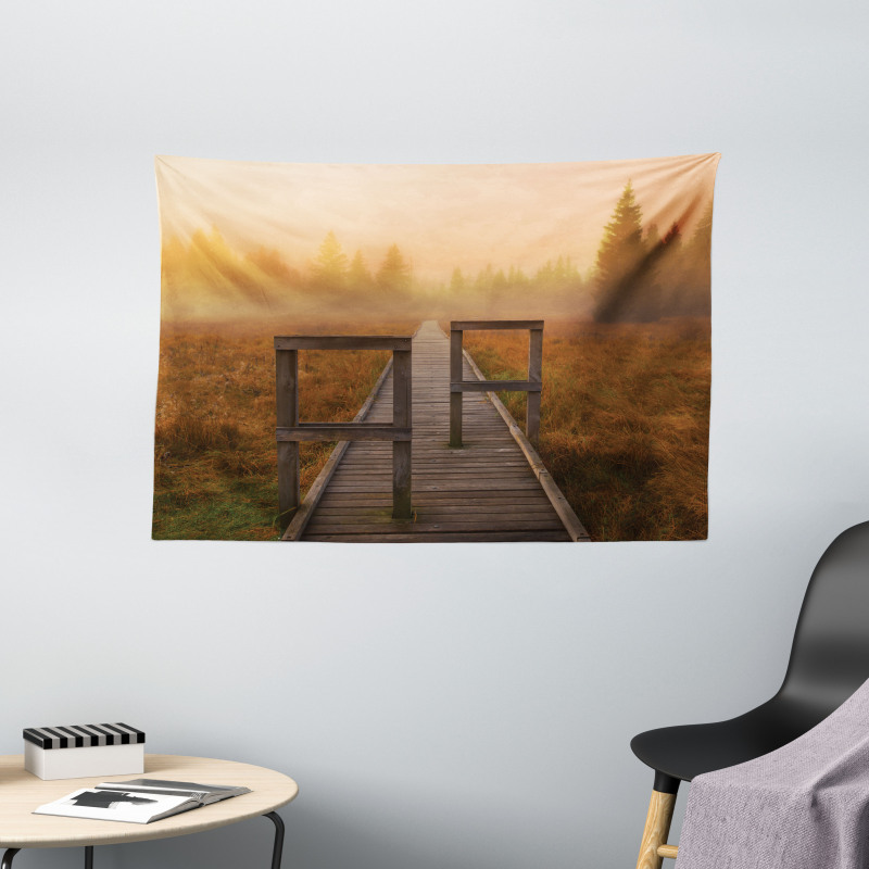 Foggy Day Fall Forest Wide Tapestry