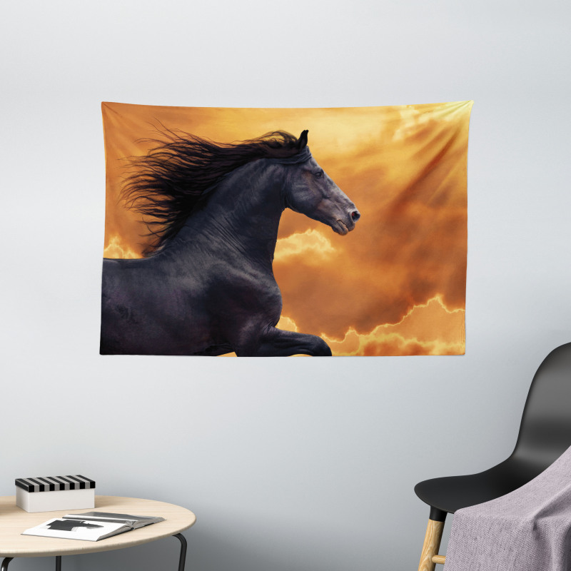 Galloping Friesian Horse Wide Tapestry